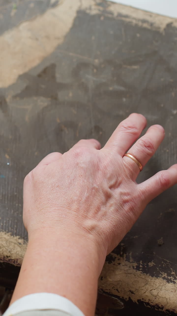 백인 할머니가 먼지 덮인 트렁크를 손으로 더듬으며 낡은 패턴과 녹청을 탐색하고 있어요. 주름진 손가락에는 결혼반지가 끼워져 있고, 복원가, 기록 보관 담당자, 이야기꾼처럼 조용히 부드럽게 살펴보는 모습입니다.