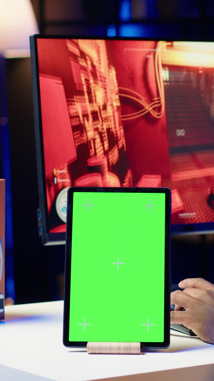 Vertical video Green screen tablet next to professional streamer playing videogame