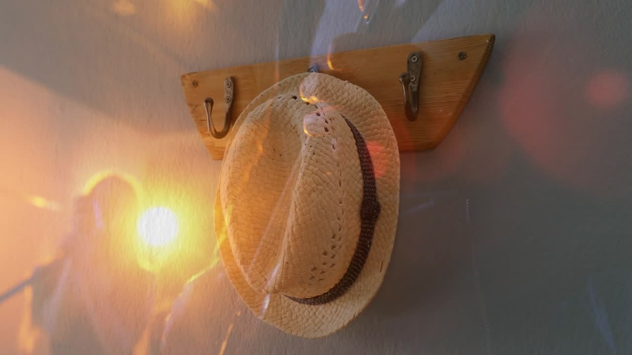 Persona riflessa che tiene un dispositivo in corridoio, causando un caldo bagliore dell'obiettivo attraverso un cappello di paglia per il design