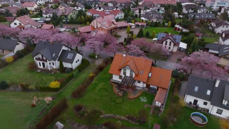 flying over bricked cottage houses in quiet residential area in svitavy, czech republic