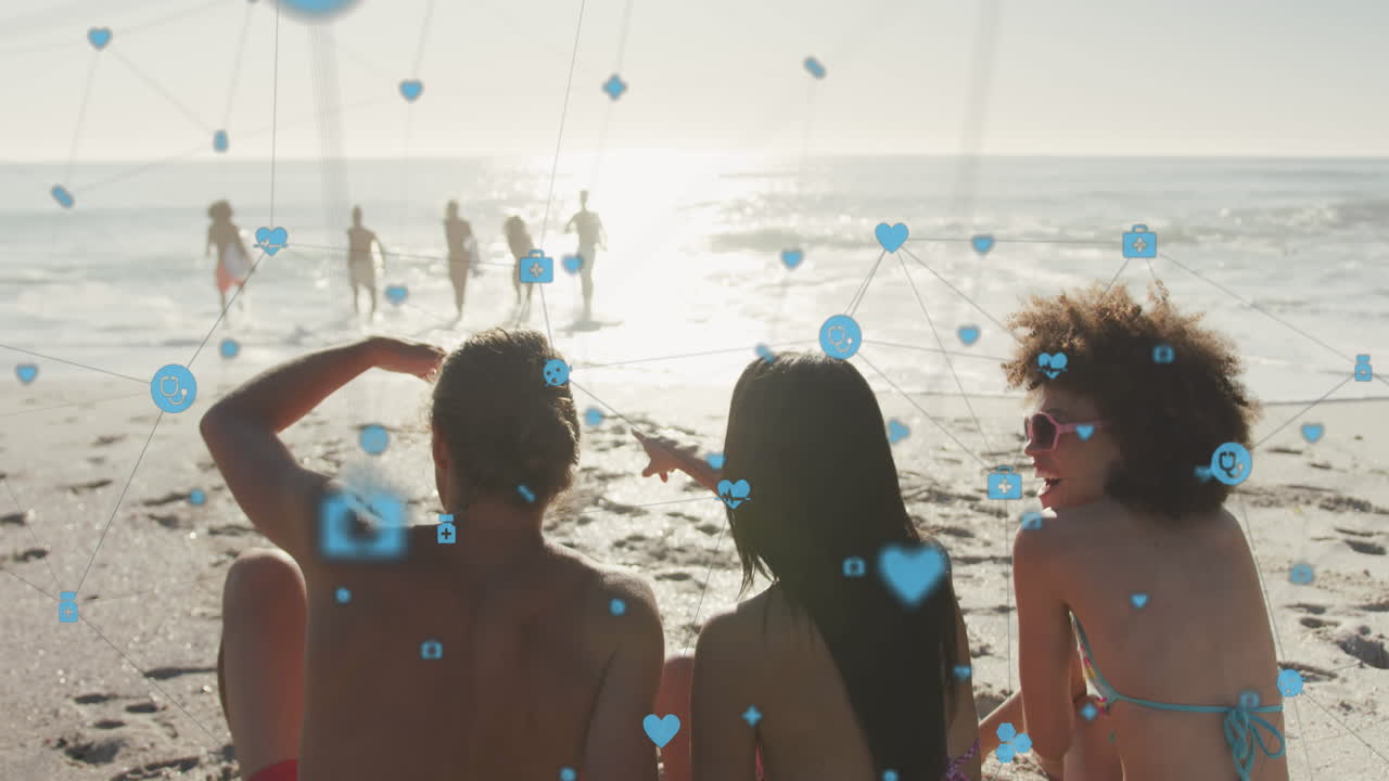 해변에 있는 친구들에 대한 디지털 아이콘 네트워크의 애니메이션