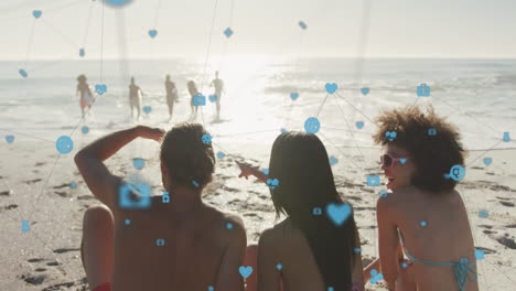 해변에 있는 친구들에 대한 디지털 아이콘 네트워크의 애니메이션