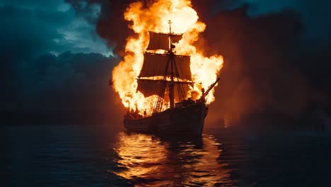 a boat on fire in the middle of the ocean at night