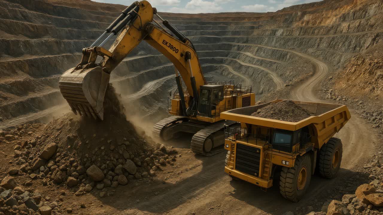 Aerial view of a large excavator loading soil into a dump truck in an open-pit mine