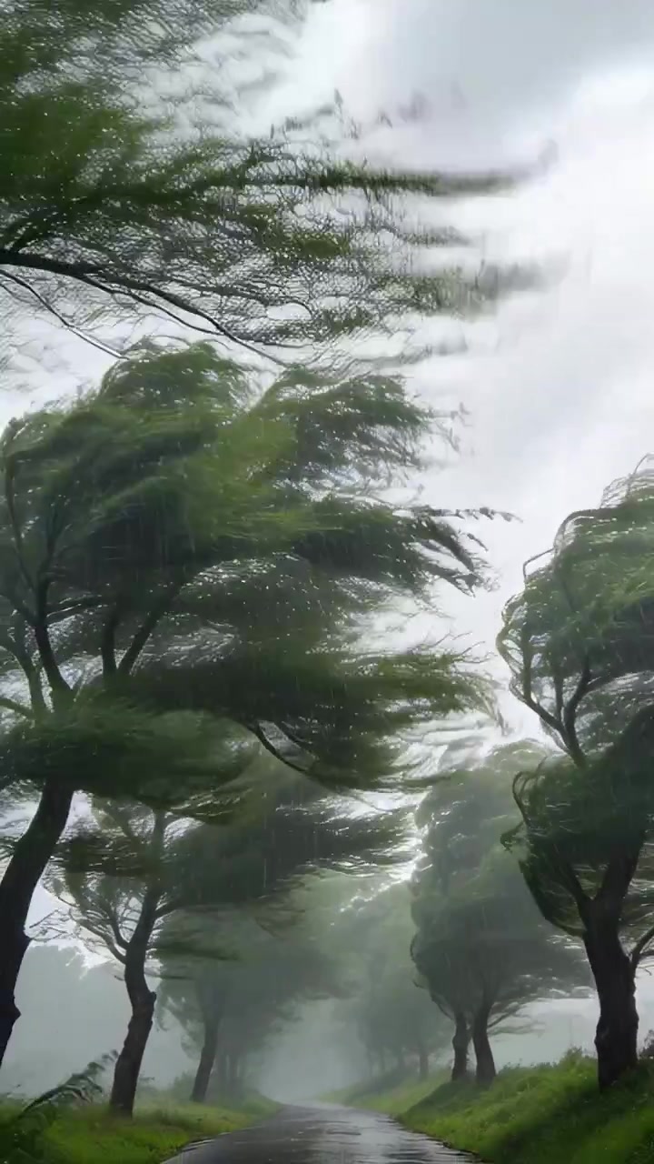 Video vertikal: Bergoyang diterpa angin kencang, pohon-pohon gugur tinggi dengan mahkota daun beriak di jalan sempit, kabut