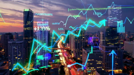 cityscape at night with financial data overlay