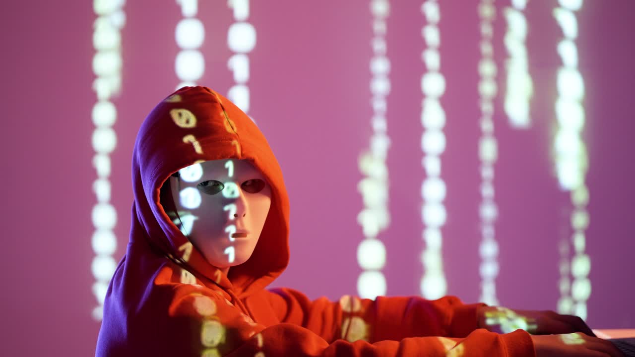 Masked figure in red hoodie turns toward the camera under falling binary light. Anonymous presence evokes cybercrime, hacking, and identity concealment in a digital, high-tech atmosphere