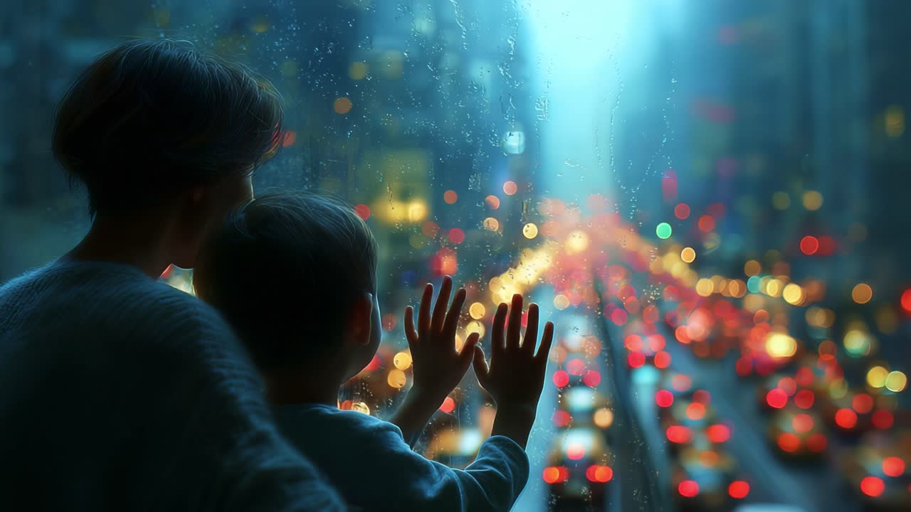 A contemplative moment shared between a caregiver and a child, gazing out at a bustling cityscape adorned with shimmering lights and raindrops filtering their view, evoking warmth and connection