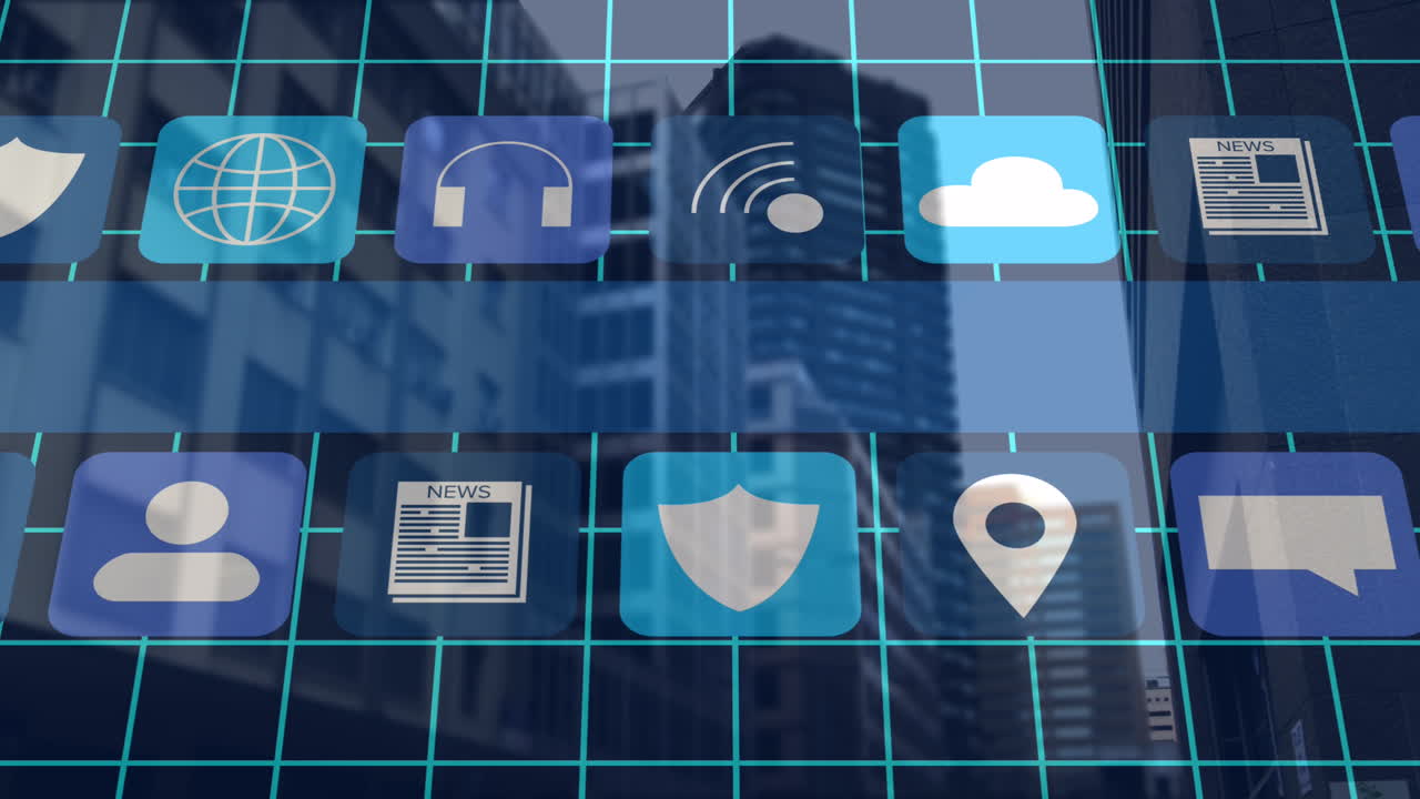 animación de iconos de medios sobre el paisaje urbano