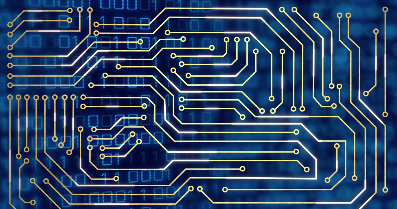 Animation of glowing golden motherboard over binary data processing on blue background