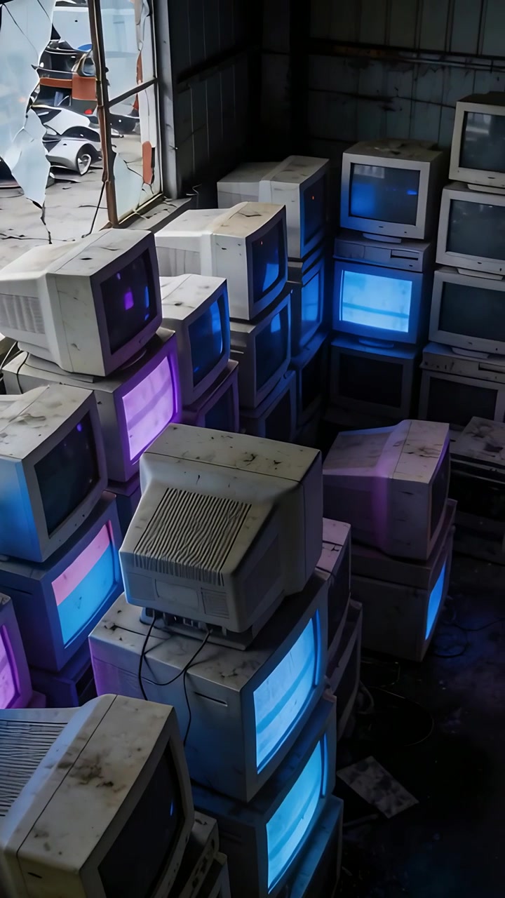 Vertical video: Panning camera revealing CRT stacks glowing inside metal garage with broken window