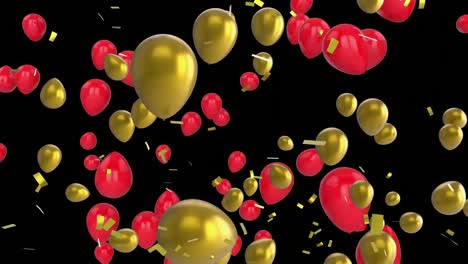 animation of floating red and gold balloons rising and gold confetti falling on black background