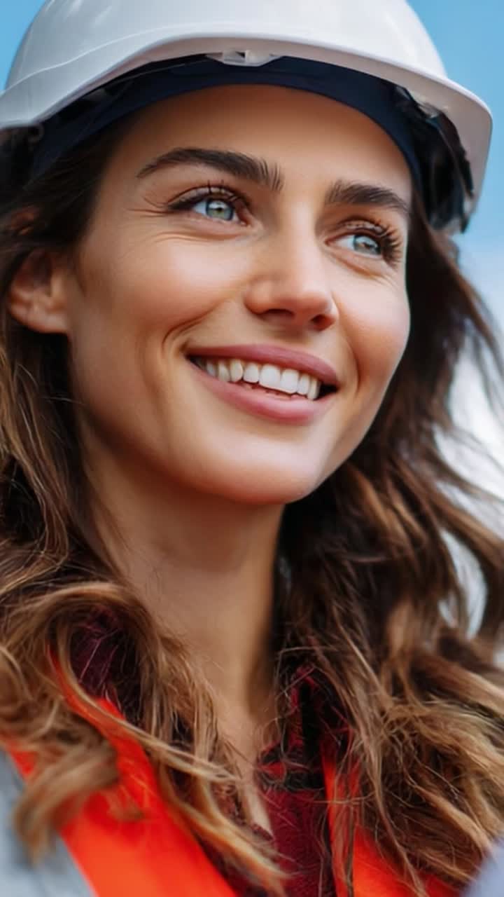 Smiling Construction Worker in Safety Gear with Hard Hat and Orange Vest, Radiating Confidence and Professionalism While Overseeing a Project in Bright Blue Sky