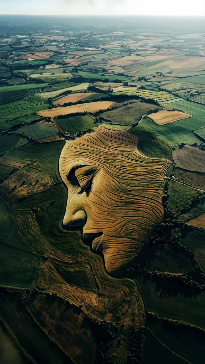 una vista aérea de una hermosa forma de arte de paisaje que representa una cara en campos verdes exuberantes
