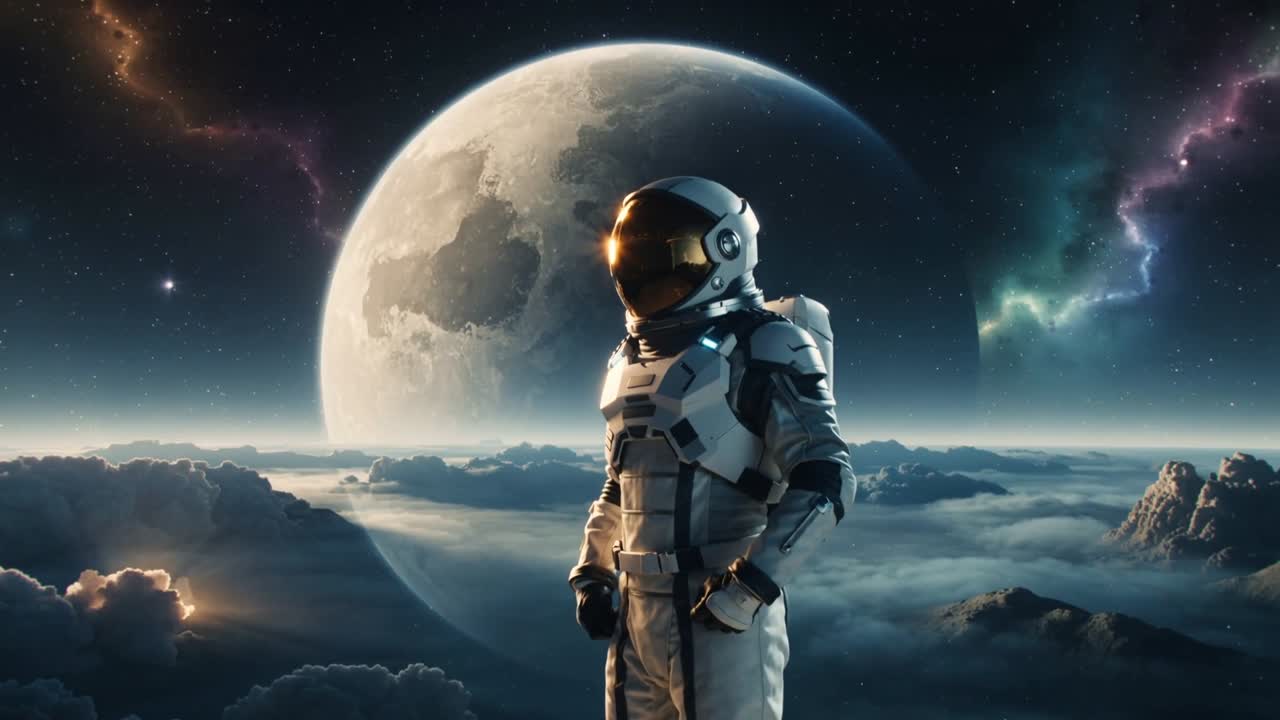 Som reaktion på kamerabevægelsen drejer en astronaut i rumdragt med rygsæk sin hjelm på et skydæk og overvåger månen.