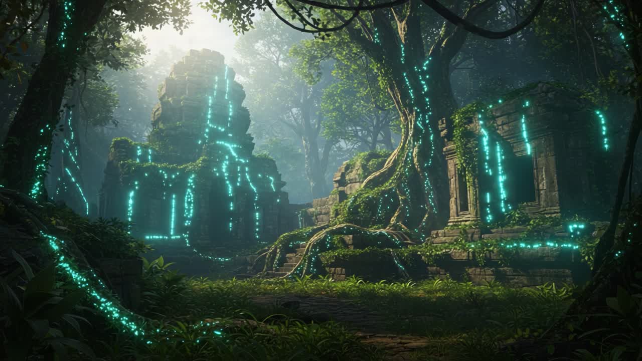 Esplorando il mistero di un antico tempio invaso dalla vegetazione, illuminato da viti bioluminescenti in un lussureggiante ambiente forestale, svelando i misteri della natura e una ricca storia