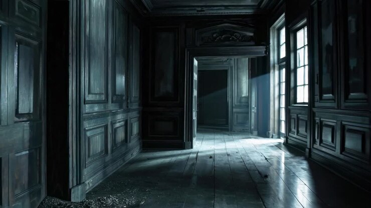 Moody video scene with a low-angle shot of a dimly lit, narrow hallway, featuring dark wooden panels