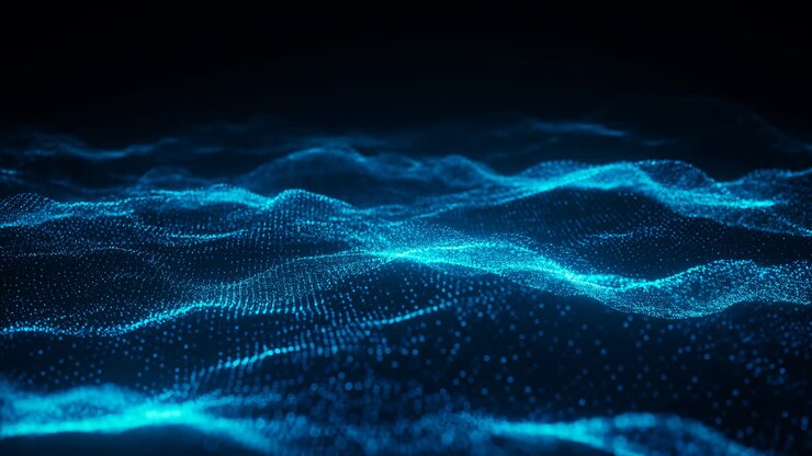 Onde di particelle blu che formano un paesaggio di dati dinamico con punti a griglia ed energia tecnologica fluida che attraversa l'orizzonte.