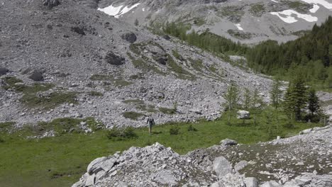 hiker walking down valley grass, rockies, kananaskis, alberta canada