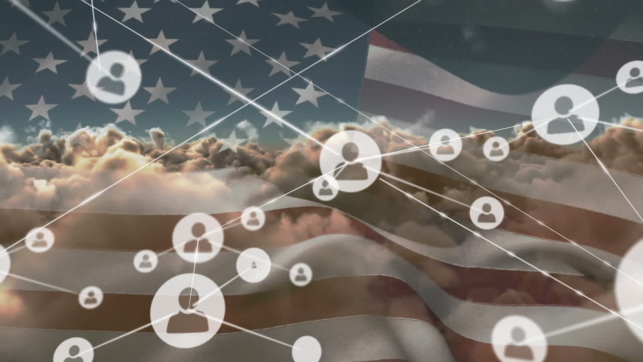animación de la red de conexión e iconos sobre la bandera de los estados unidos y el cielo nublado