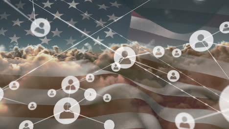 animation of network of connection and icons over usa flag and cloudy sky