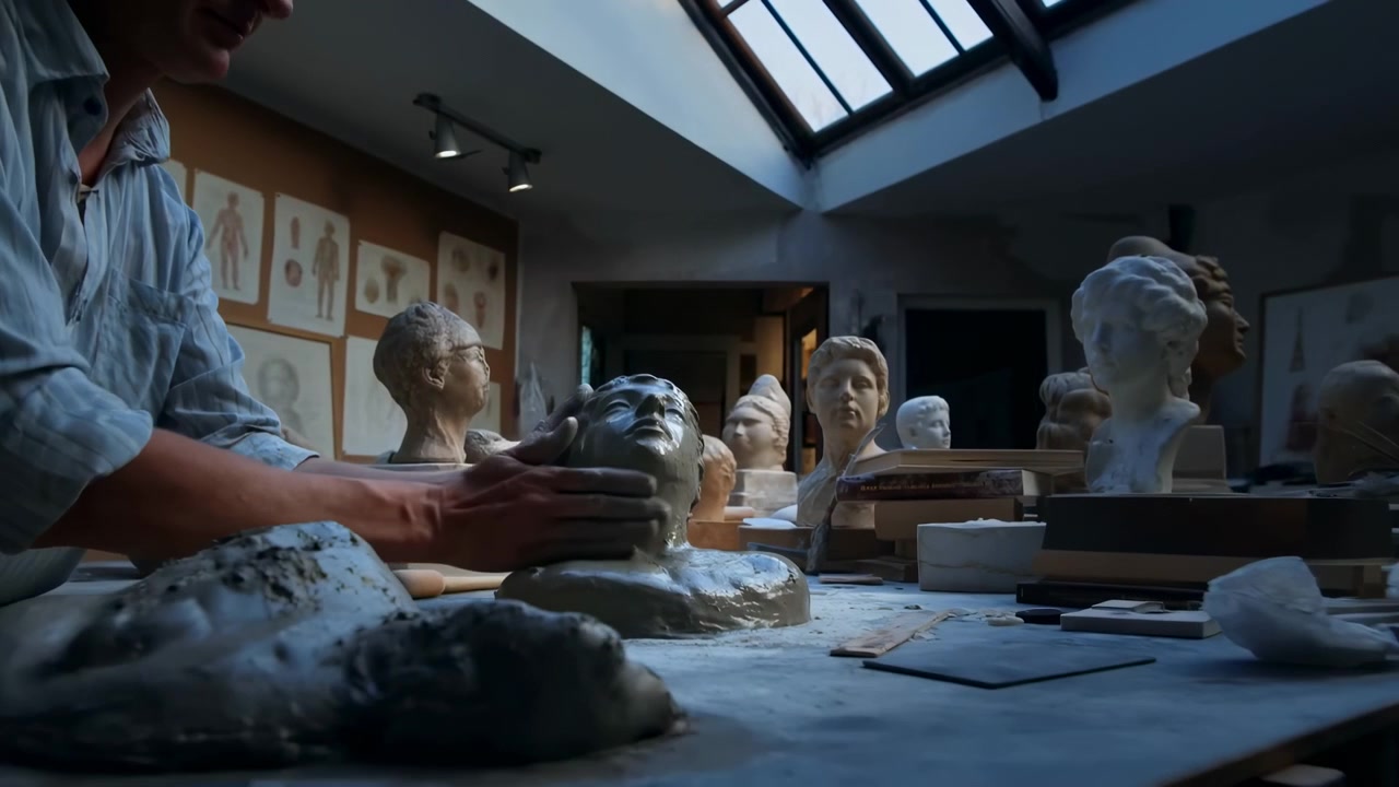 Cena de estúdio em ângulo baixo mostra mãos moldando uma cabeça de argila úmida em uma bancada, suavizando traços faciais enquanto impressões digitais e marcas de ferramentas permanecem visíveis entre bustos de gesso, livros, luz do dia quente e profundidade