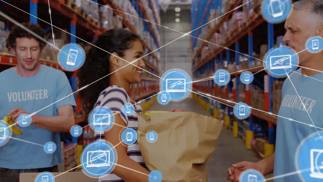 남성 자원봉사자에게 물건을 주는 두 인종 여성에 대한 디지털 아이콘 네트워크의 애니메이션