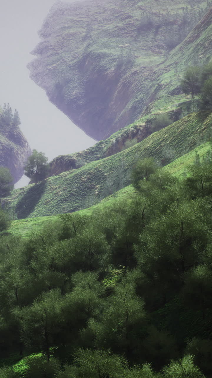 Enchanting river winding through lush green hills in a serene landscape