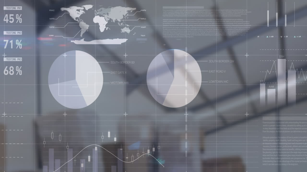 Animaftion of financial data and graphs over packages in warehouse