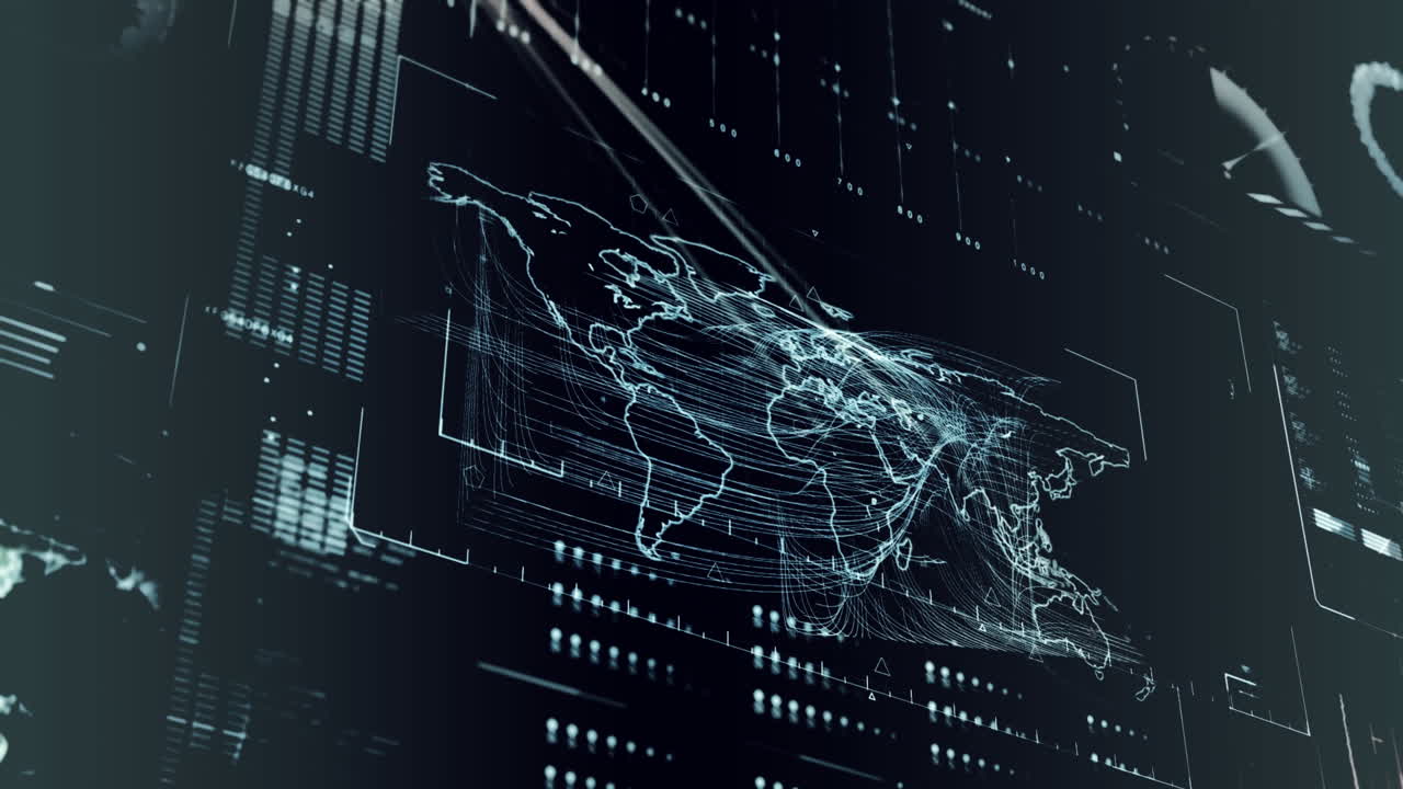 Animation of interface with data processing over world map against grey background