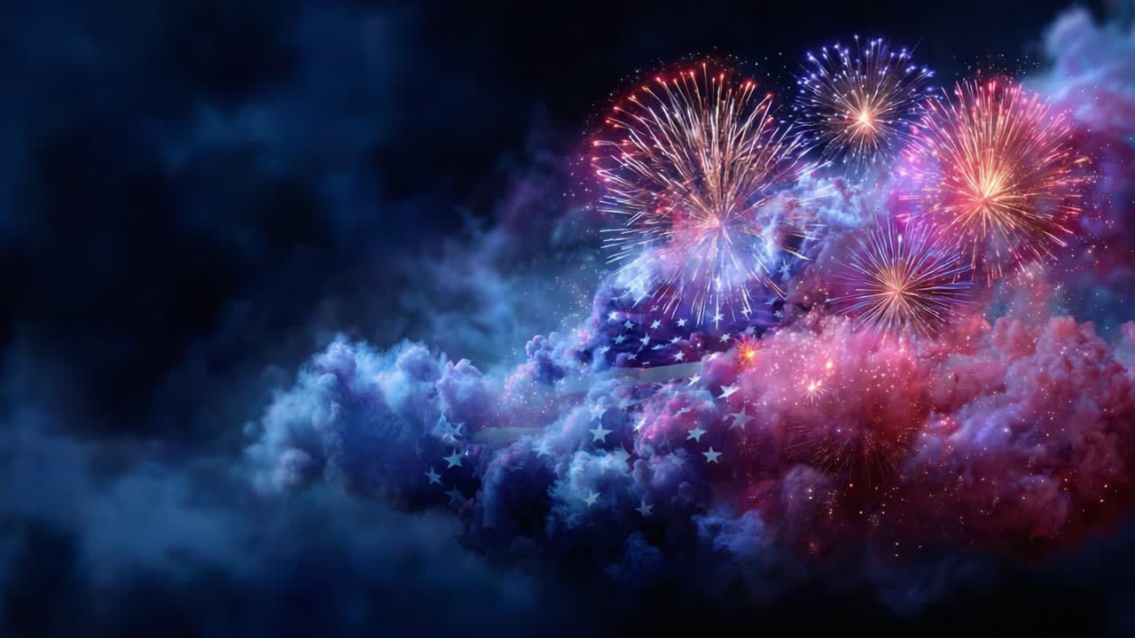 A Vibrant Display of Colorful Fireworks Illuminates the Night Sky Against a Backdrop of Deep Blue Clouds, Creating a Stunning Visual Experience
