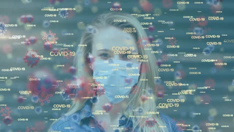 Animation-Von-Coronavirus-Texten-Und--Zellen-über-Einer-Frau-Mit-Gesichtsmaske
