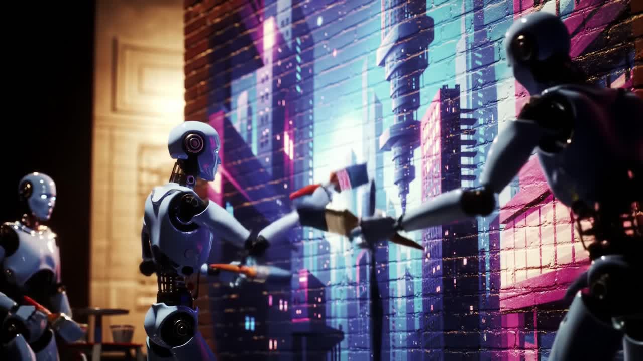 In a bustling urban setting at night, robotic figures skillfully paint a large mural on a wall, using bright colors to depict a futuristic city. The artwork showcases creativity and technology.