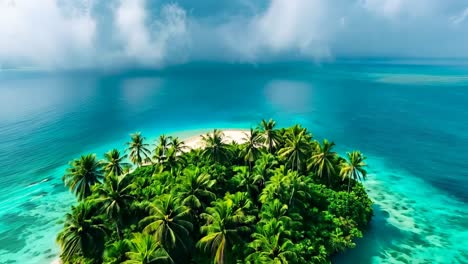 a small island in the middle of the ocean surrounded by palm trees