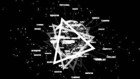redes y palabras clave de tecnología animación en todo el mundo con formas triangulares
