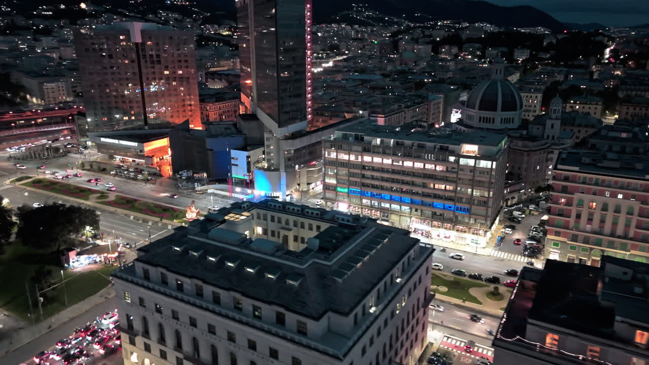Night drone view of traffic flow on Viale Brigate Partigiane in Genoa Italy