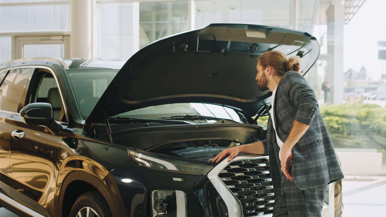 cliente examinando el motor del coche en el concesionario