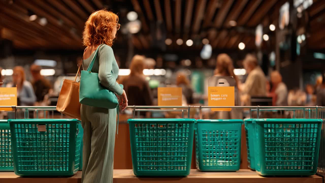 A contemplative woman evaluates her shopping options in a modern store, surrounded by vibrant shopping baskets and a diverse crowd of fellow shoppers in a bustling retail environment