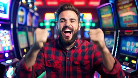 a man in a casino with his fists up in the air