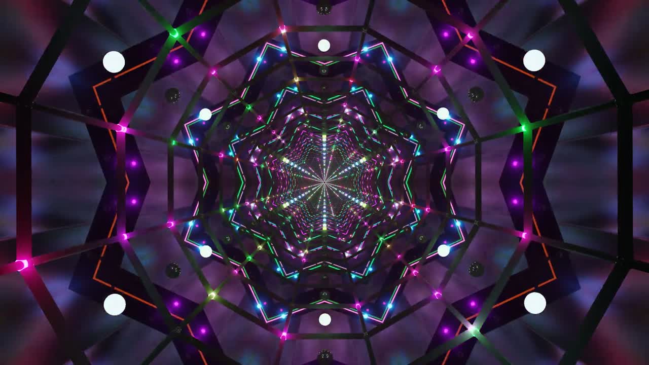A mesmerizing visual loop features a kaleidoscopic tunnel filled with shifting colorful lights. This captivating display creates an immersive atmosphere, ideal for relaxation or entertainment