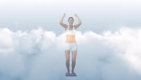 animation of sky with clouds over biracial woman celebrating