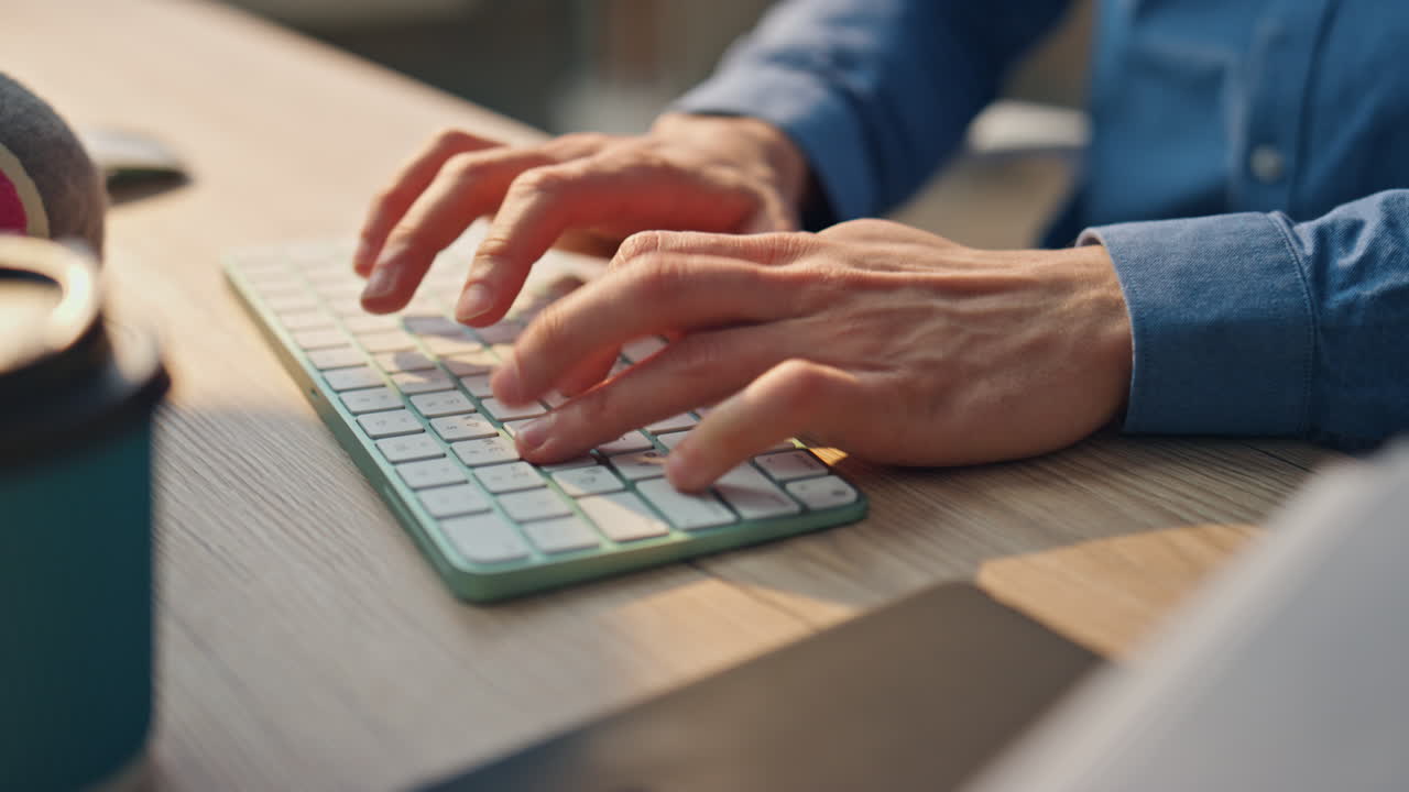 Businessman hands typing keyboard office close up. Freelancer working computer