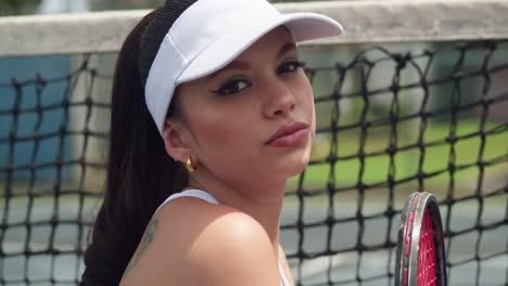 A-woman-at-the-tennis-court-in-a-sports-outfit-facial-close-up