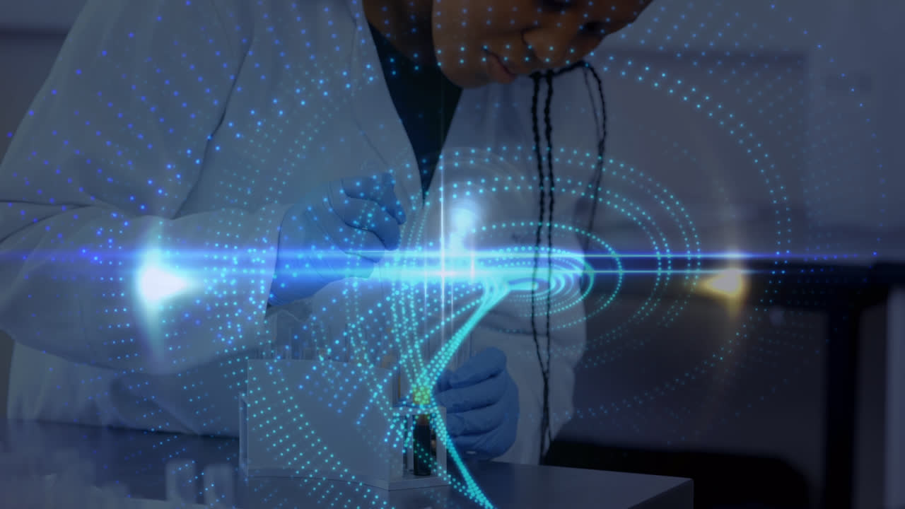 animación de líneas en movimiento sobre una trabajadora de laboratorio afroamericana