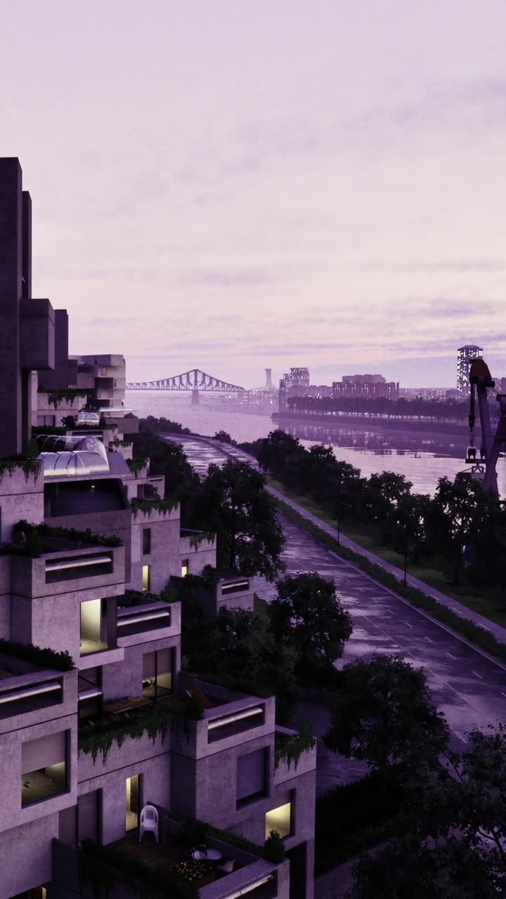 Paisagem urbana ao amanhecer exibe arquitetura moderna e águas tranquilas.