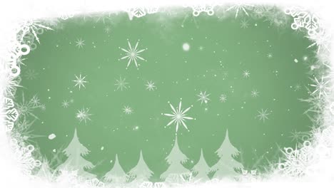 Animation-of-white-christmas-snowflakes-falling-over-trees-on-green-background-with-snowflake-border