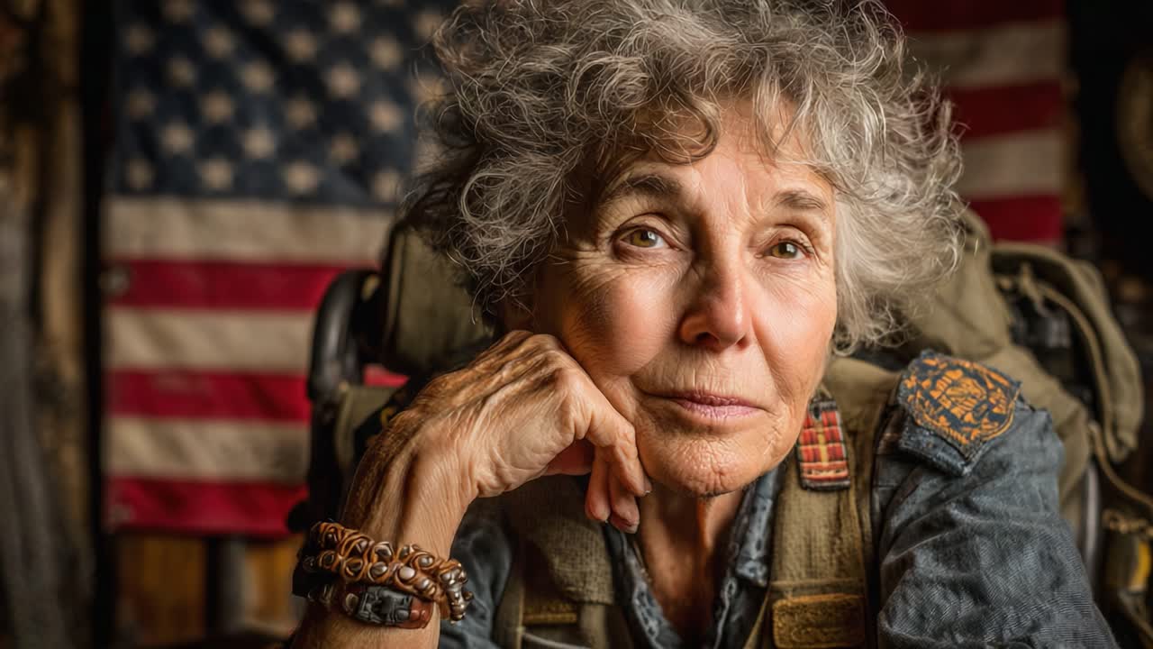 En eftertænksom veteran reflekterer over tjeneste og offer, indfanget mod den patriotiske baggrund af et amerikansk flag og udstyr, der symboliserer mod og historie