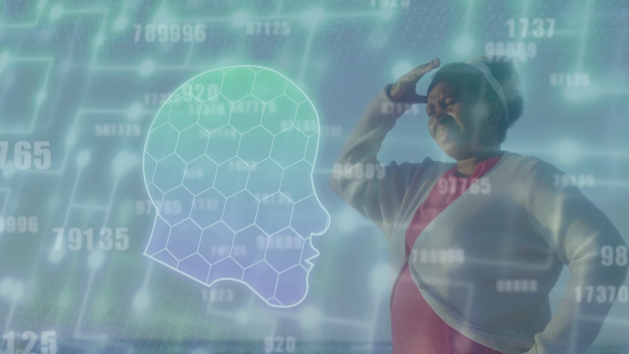 Mature woman shifting on coast, reaching toward transparent hexagon overlay, analyzing tech data