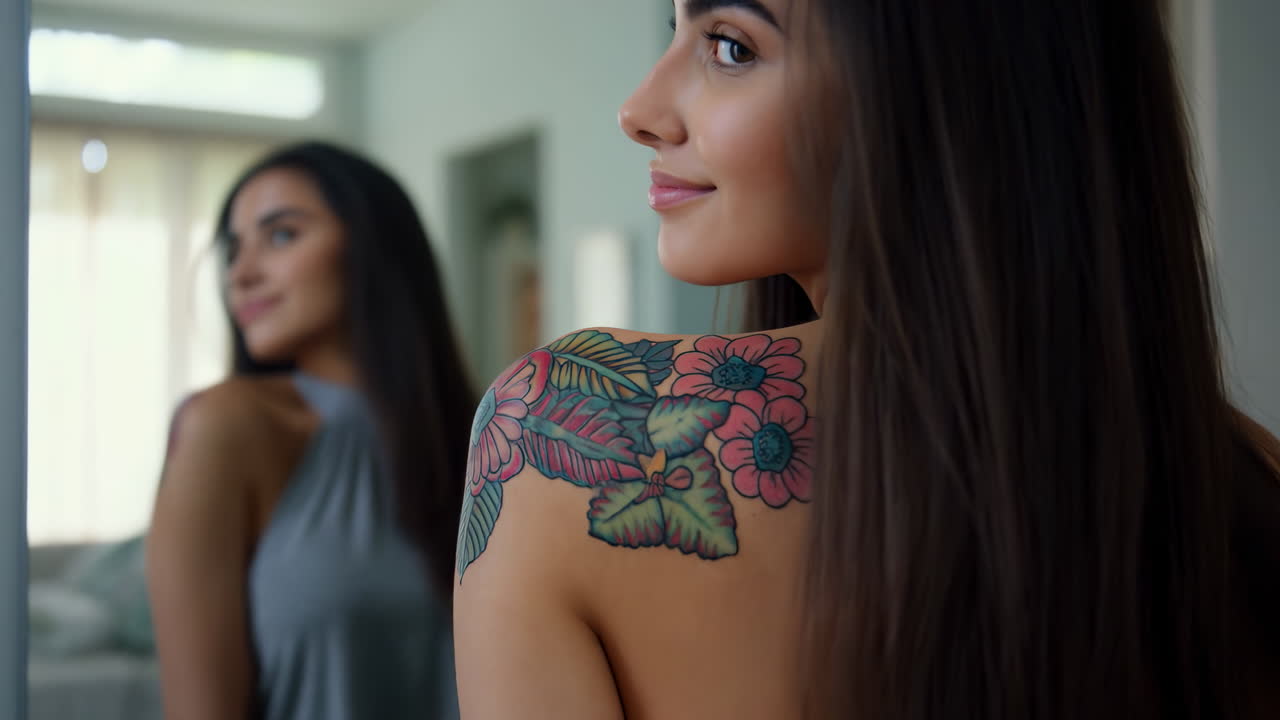 Jovem Mulher Mostrando Tatuagem Floral no Ombro em Ambiente Doméstico Iluminado por Espelho com Amiga Desfocada ao Fundo