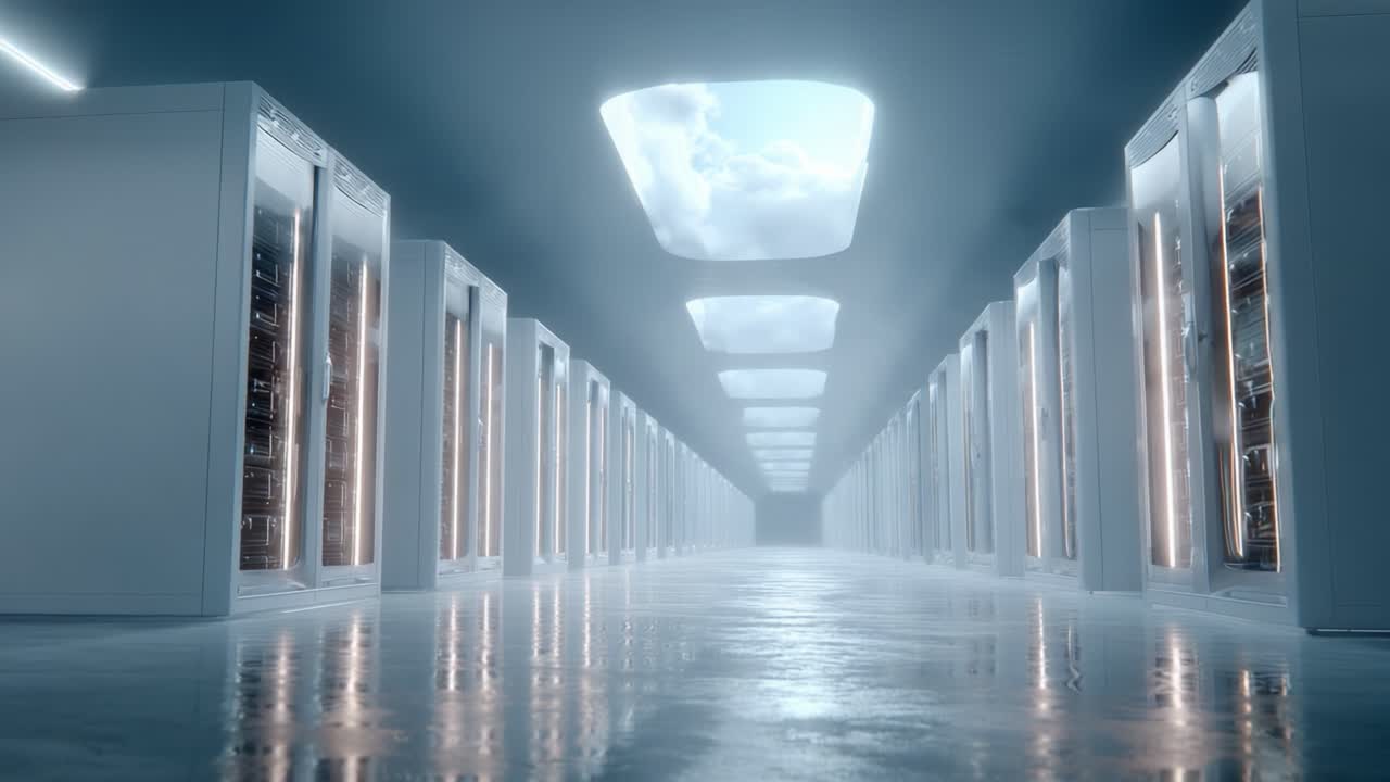 A Serene Data Center: Glimpses of Innovation Under a Cloudy Sky with Rows of High-Tech Servers in a Sleek and Modern Environment